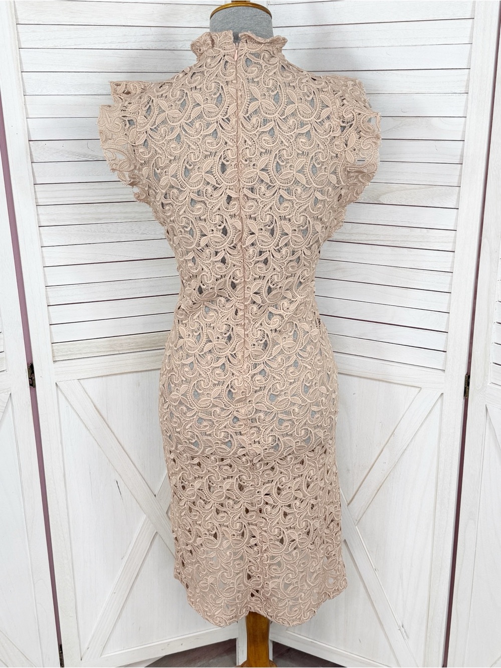 Zara Sheer Lace Ruffle Trim Sheath Dress Nude Tan Large Resort Coquette - Picture 4 of 12